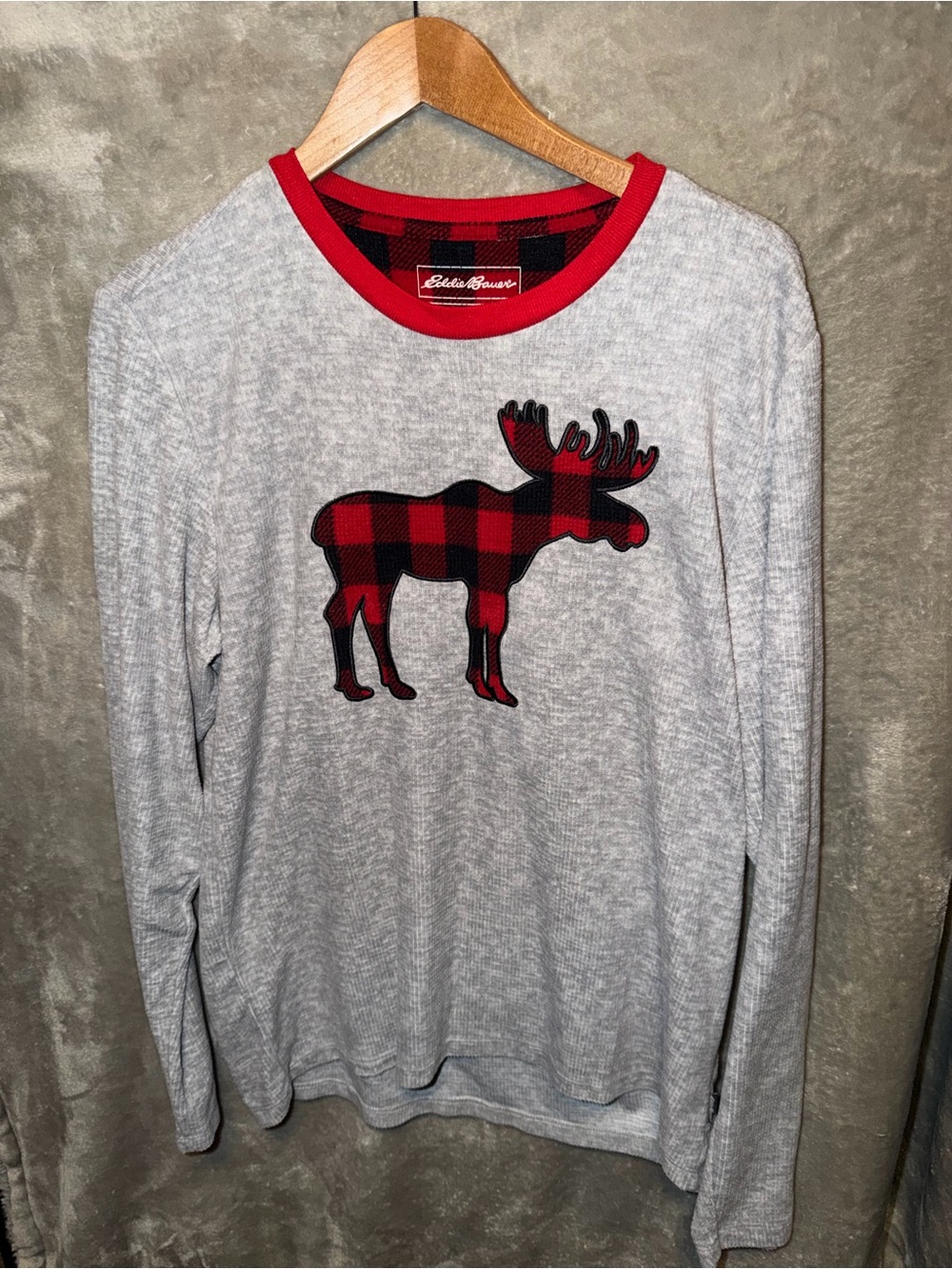 Eddie Bauer Gray Crewneck Sweater with Red Plaid Moose